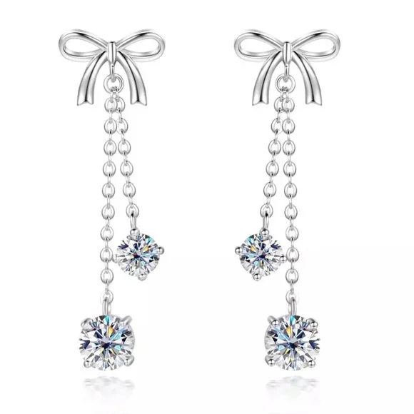Certified 3ct. t.w. Diamond Bow Dangle Earrings 18k White Gold over Italy Silver - Picture 1 of 14